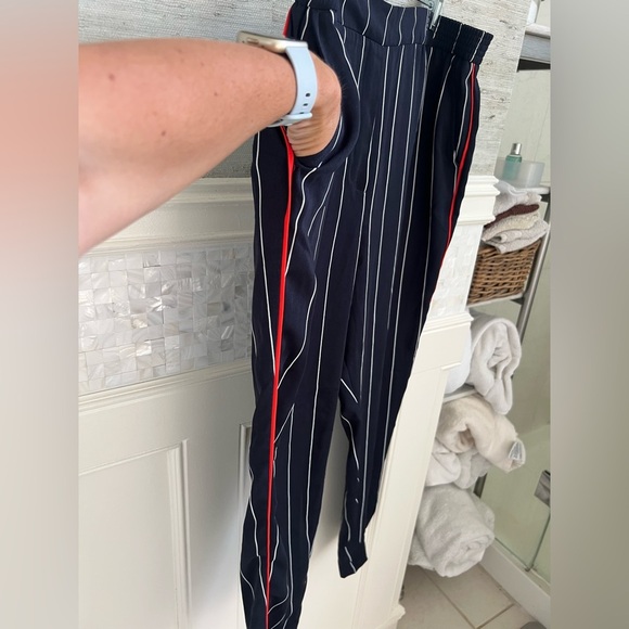 Large ett:twa Anthropologie pull on cropped pants navy white stripe red piped - Picture 6 of 17